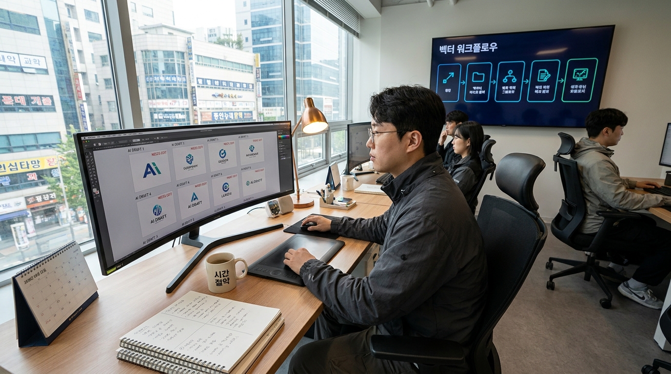 한국 디자이너가 여러 AI 로고 초안을 검토하며 시간 절약의 중요성을 인식하는 사무실 장면