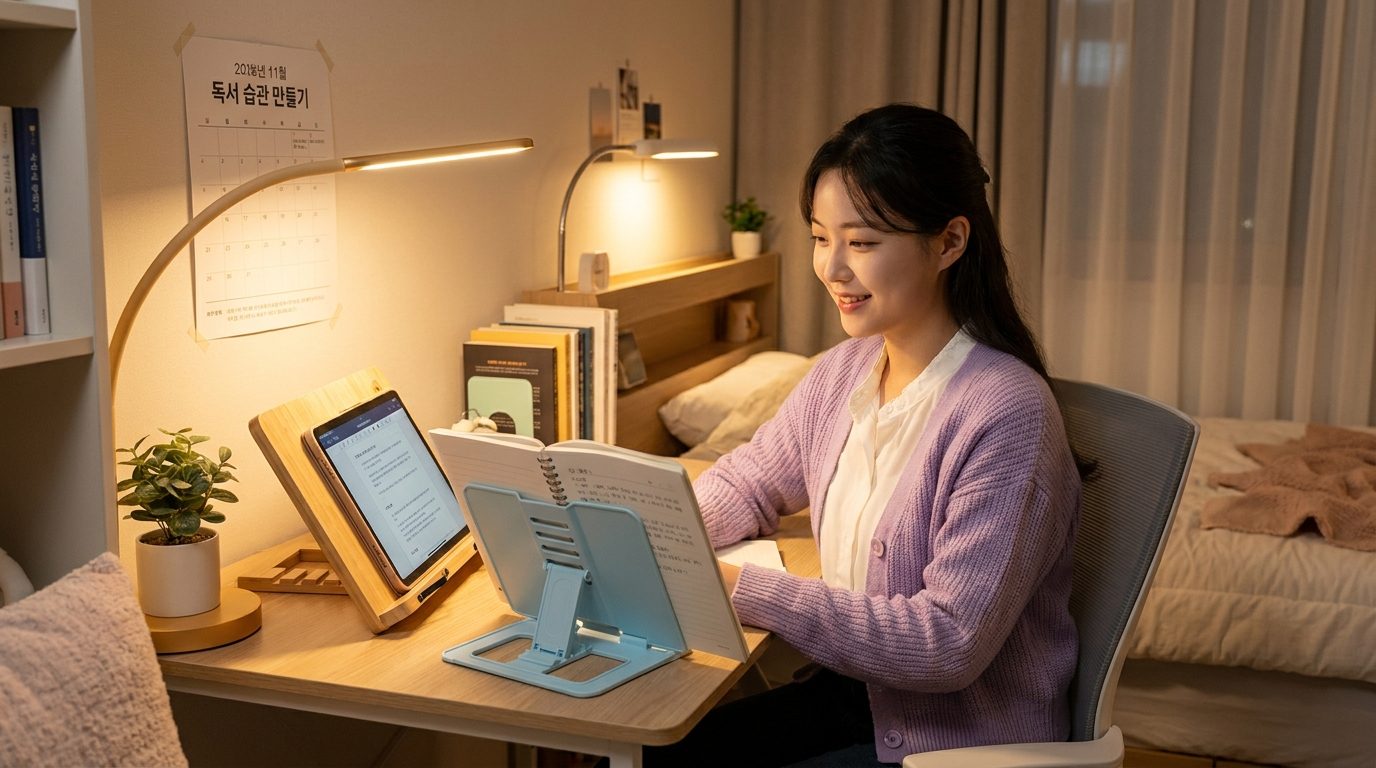 작은 한국 자취방에서 전자기기와 독서대 두 가지를 활용해 공부하는 젊은 여성의 따뜻한 환경 모습.
