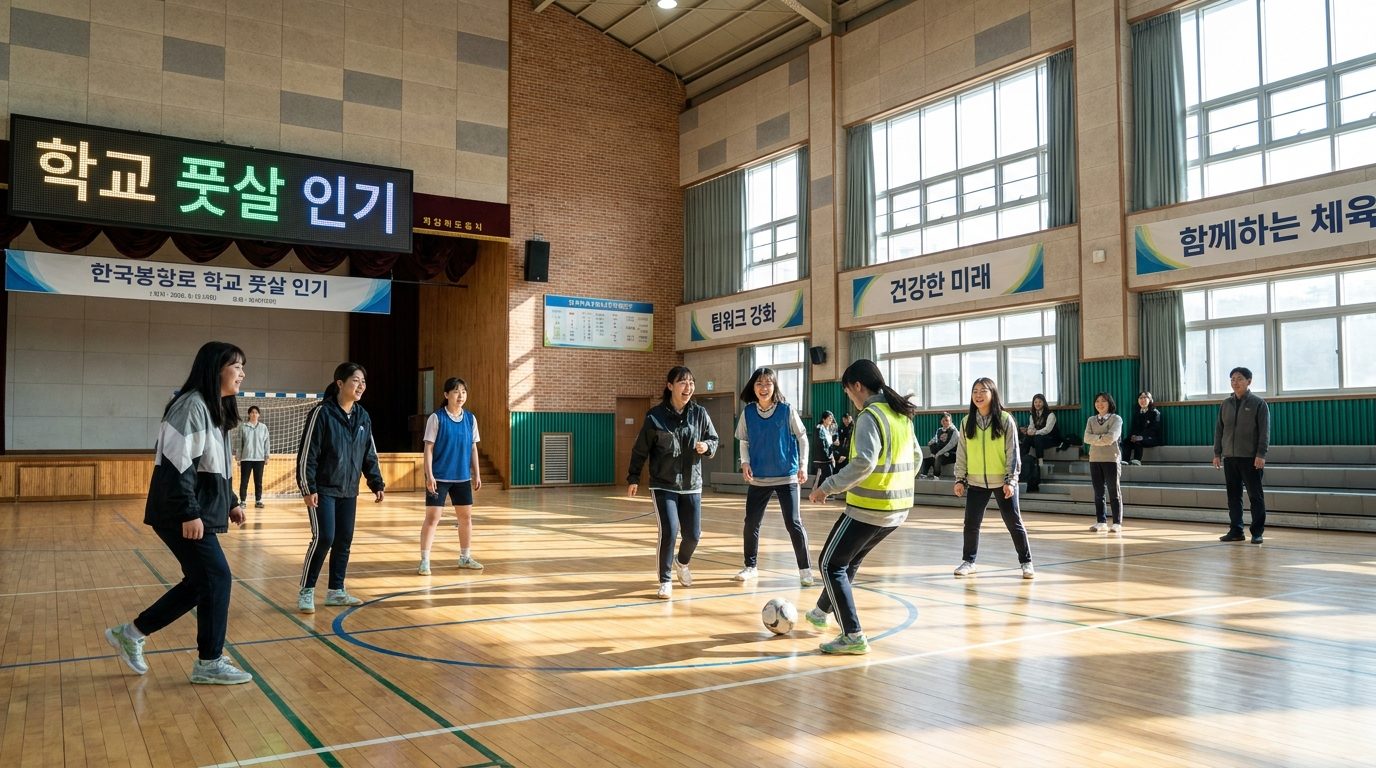 학교 풋살: 한국 중학교 체육시간에 여학생들이 활기차게 풋살 경기를 하는 모습