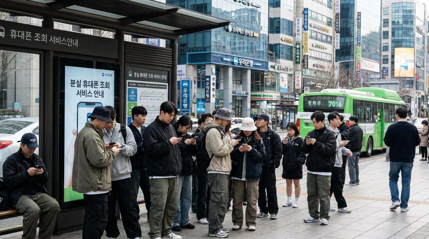 현대 한국 도시 환경에서 분실 휴대폰 조회 서비스를 안내받는 한국 시민들
