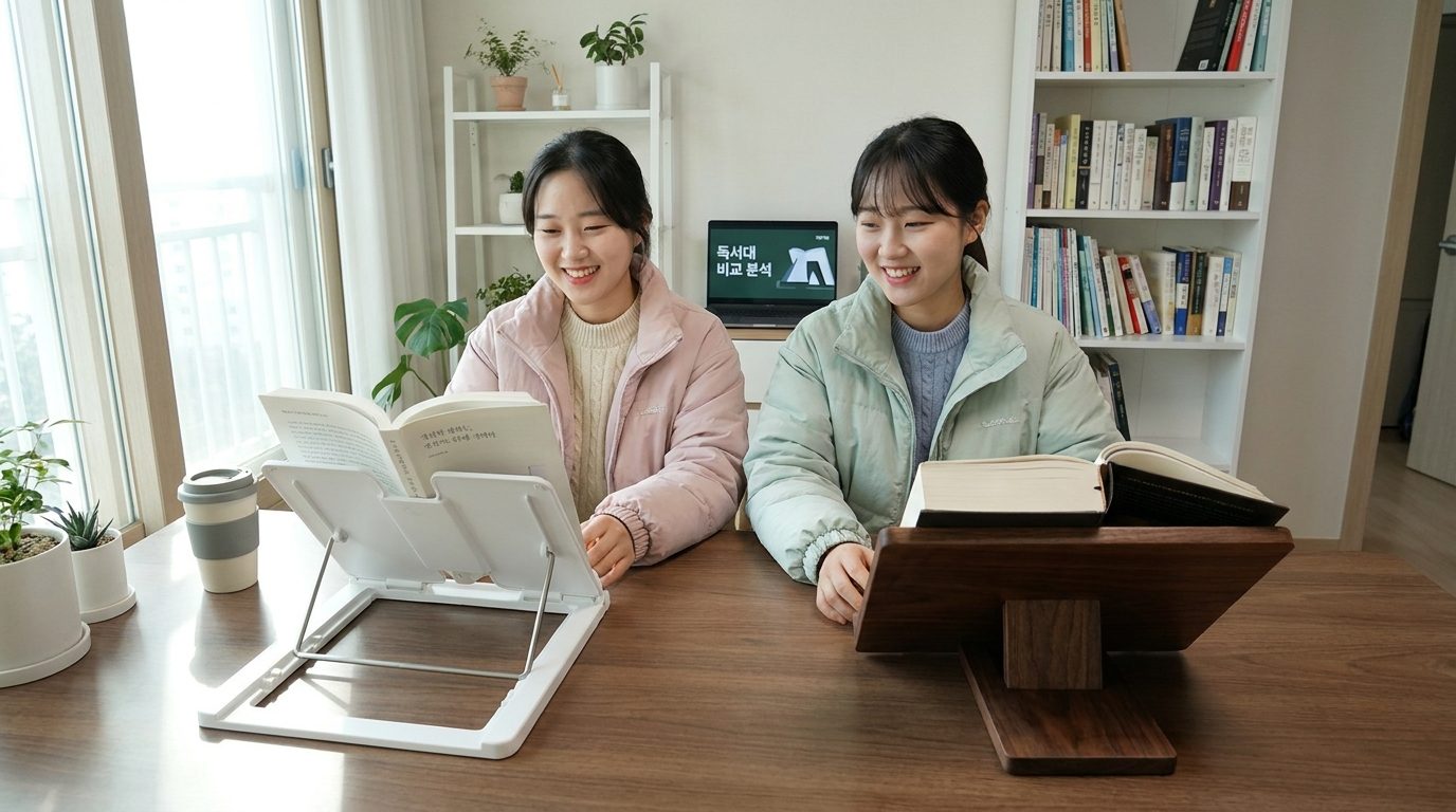 밝은 자연광 아래 두 종류의 독서대를 비교하는 두 명의 젊은 한국 여성.