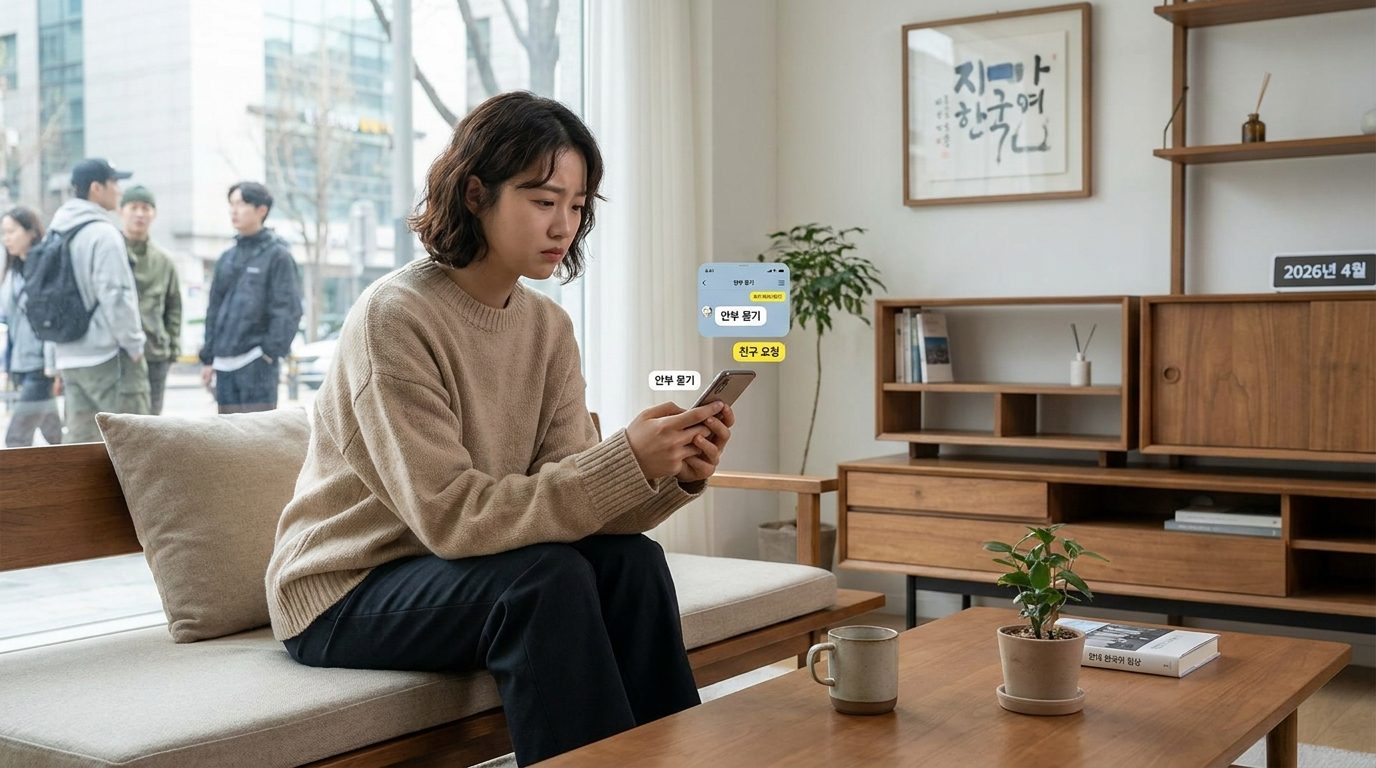 로맨스 스캠: 스마트폰을 사용하며 걱정스러운 표정을 짓고 있는 한국 여성의 실사 이미지