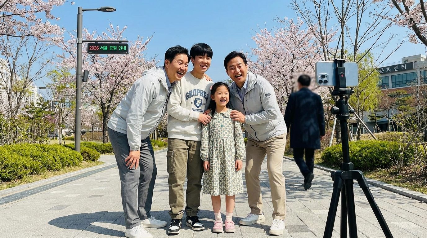 2026년 대한민국의 자연광 아래 가족여행 단체사진을 찍고 있는 모습, 뒤로 모르는 사람이 지나가는 장면이 보임