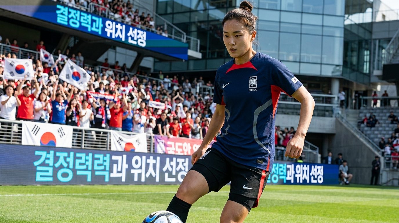 여자축구 포지션별 유망주: 골대를 향해 침착하게 슈팅 준비를 하는 여자 축구 선수의 모습, 한국 현대 스타일 축구복과 응원하는 관중들이 배경에 있는 실사 이미지