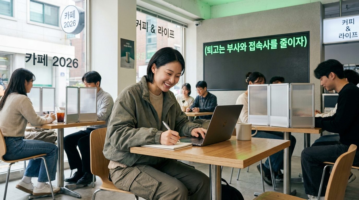카페에서 노트북과 커피를 앞에 두고 블로그 글쓰기에 열중하는 젊은 한국 작가의 모습(파이팅)