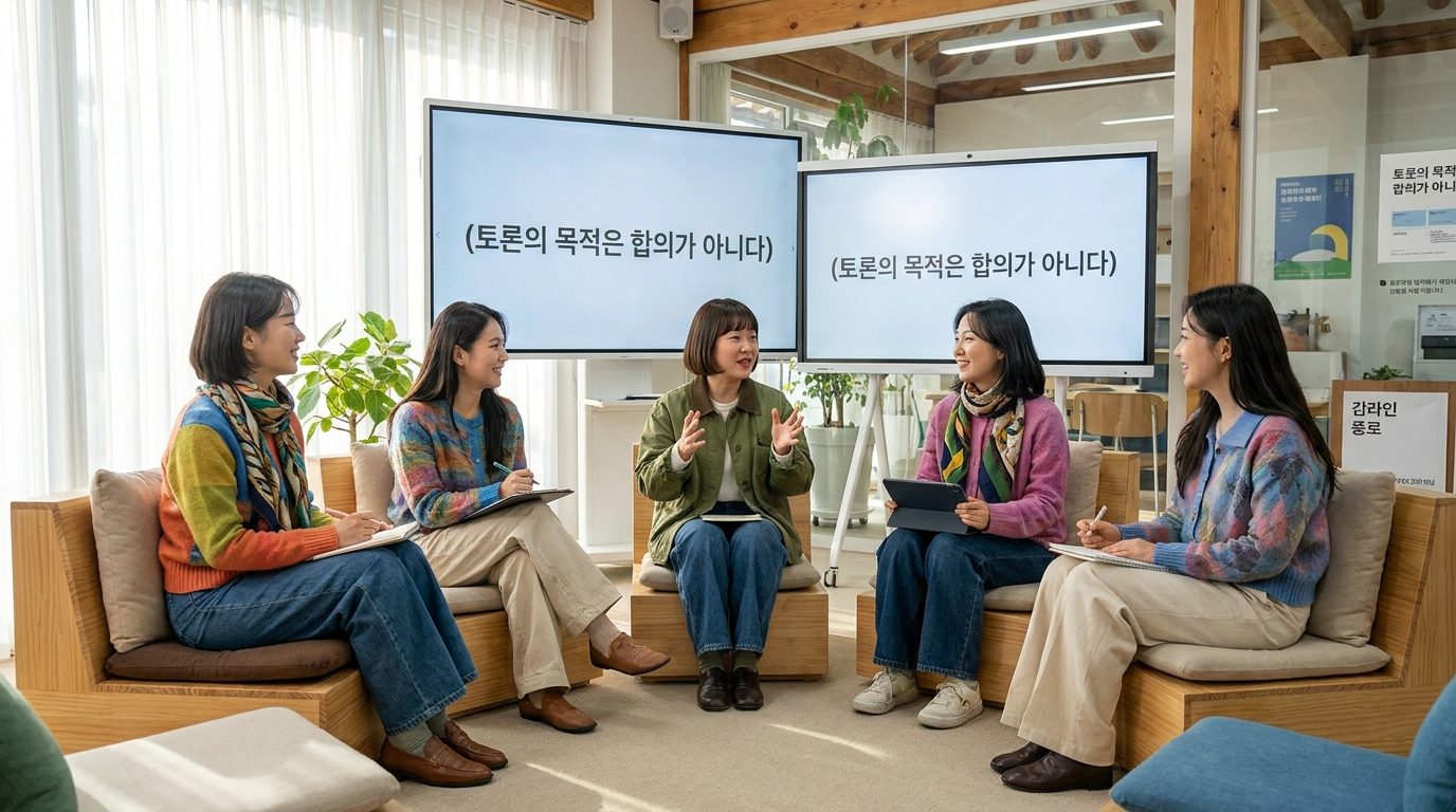 밝은 실내 공간에서 캐주얼하고 화사한 옷차림의 한국 여성들이 원탁 모임에서 활발하게 철학적 관점을 나누는 모습. 한 여성이 열정적으로 이야기하고 있고, 벽면 디지털 화면에 (토론의 목적은 합의가 아니다)라는 문구가 보임.