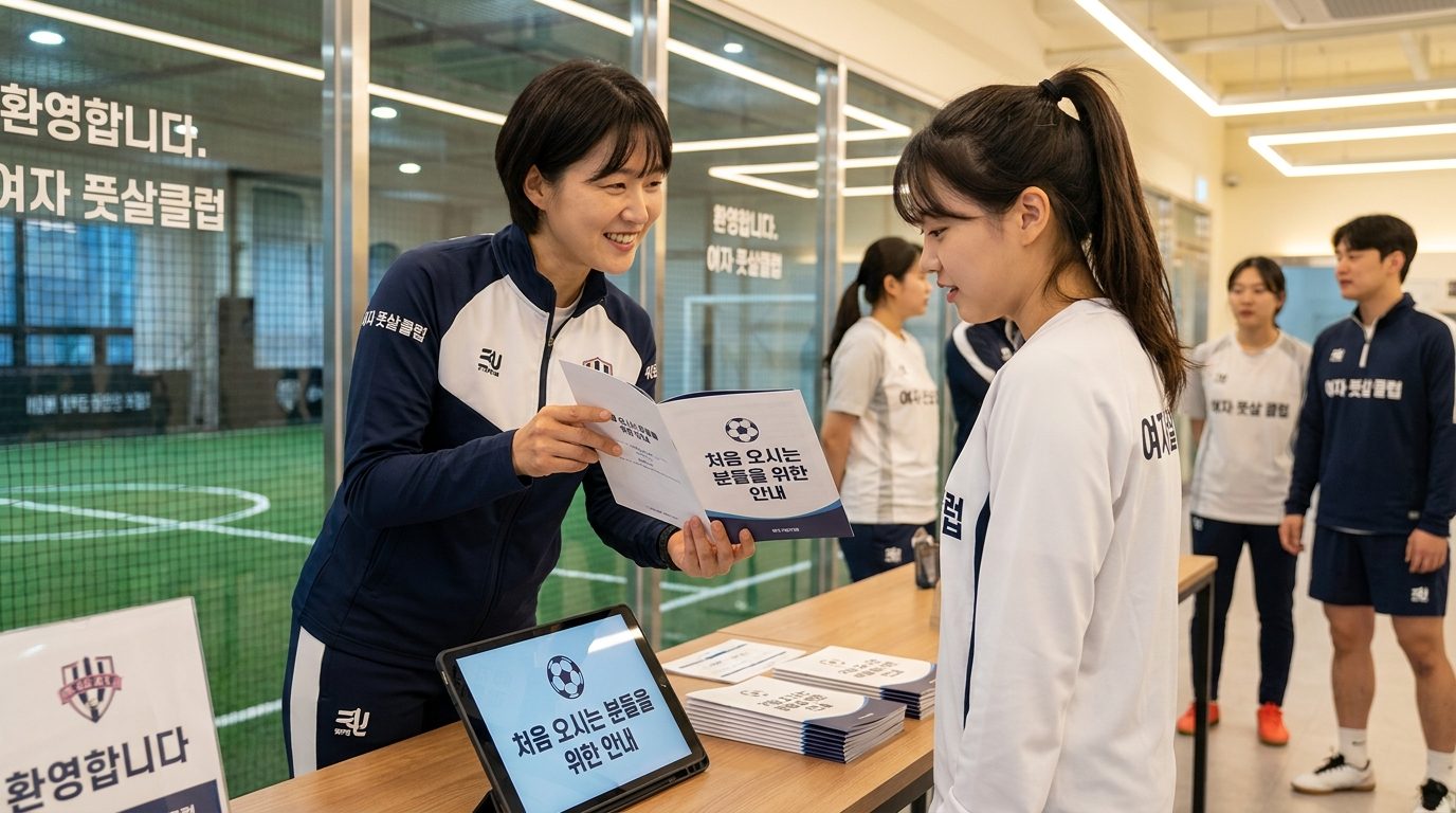 풋살 동호회 온보딩 자료와 멘토가 신입 회원에게 안내하는 장면