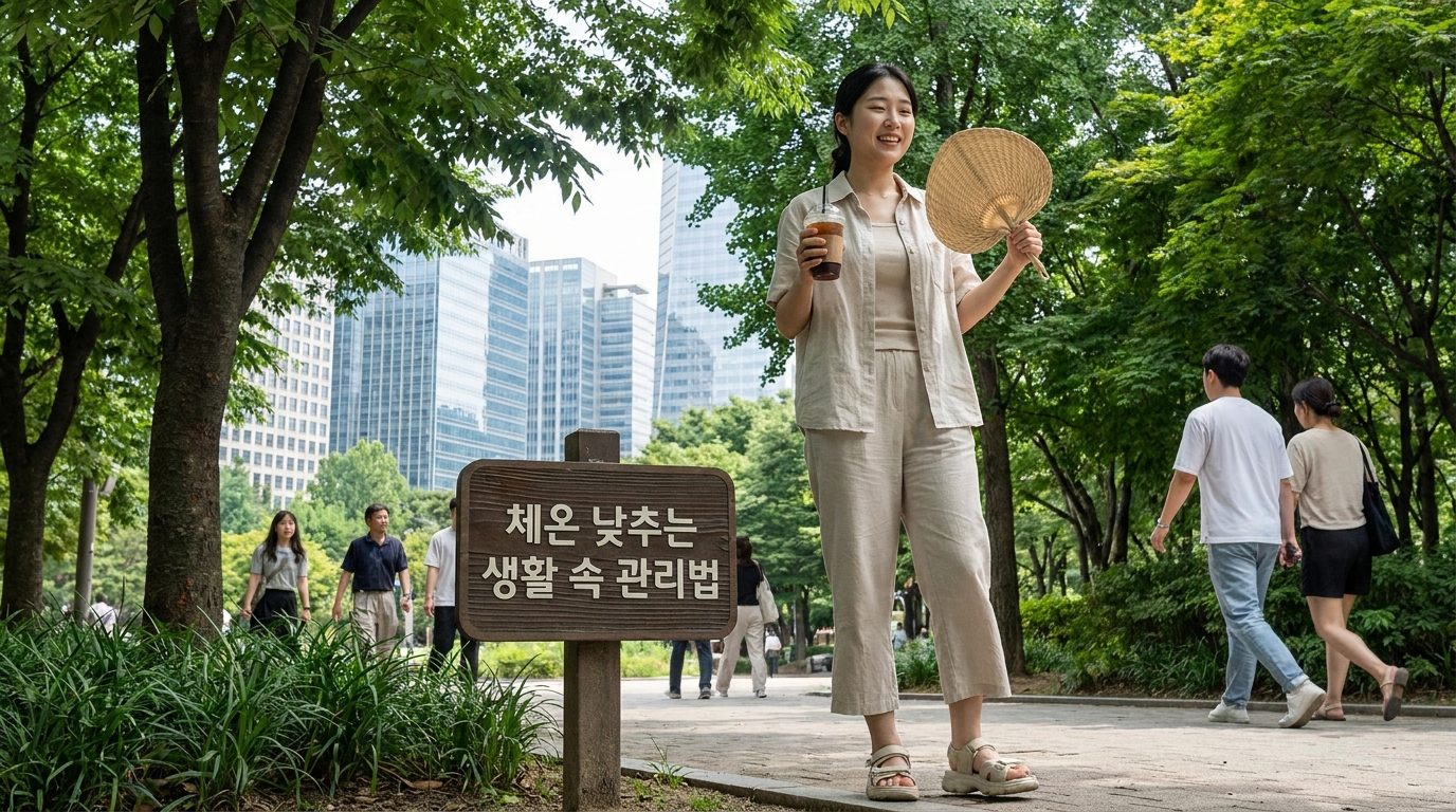 여름 더위 속에서 찬 음료를 마시며 체온을 낮추는 한국 여성과 공원 배경, 관리법이 적힌 한글 표지판이 보임