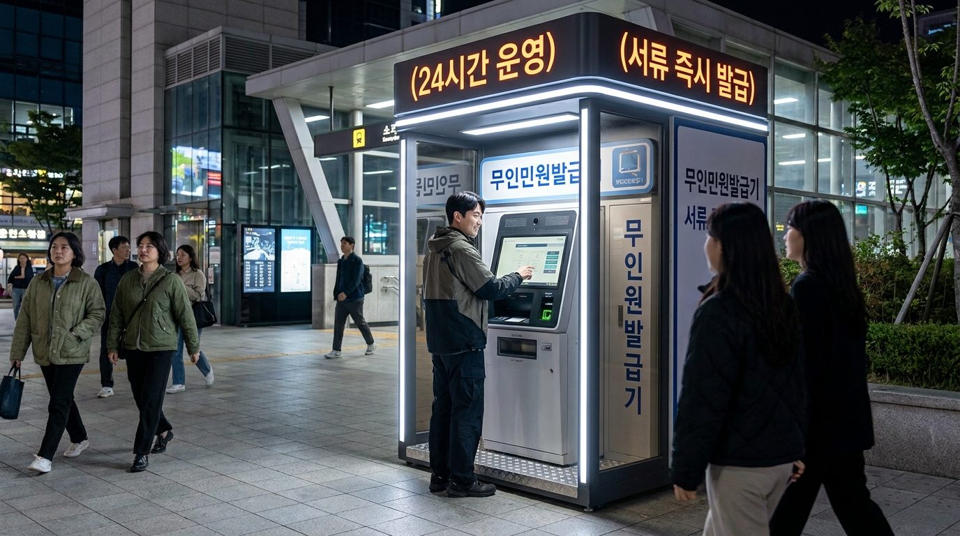 지하철역 옥외부스에 설치된 무인 민원 발급기를 사용하는 젊은 한국 남성의 야간 모습