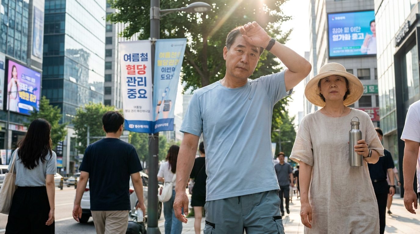 무더운 여름날 야외에서 땀을 닦고 있는 한국인 남녀, 주변에 (여름철 혈당 관리 중요)라는 한국어 문구가 있는 거리 풍경