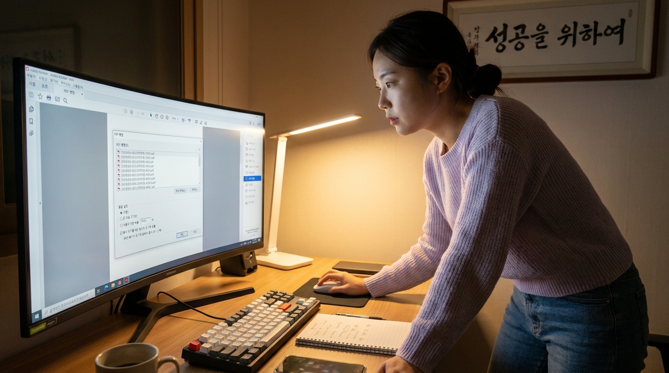 Adobe Acrobat을 활용한 PDF 병합 화면과 설정을 조정하는 한국인 여성의 집중된 모습