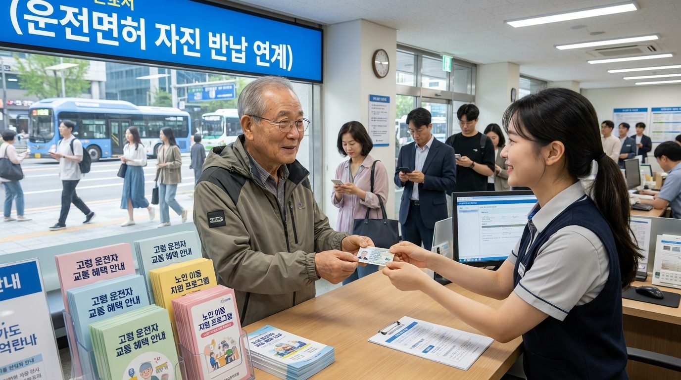 한국 시청 행정 사무실에서 운전면허증을 반납하는 노인의 모습 고화질 사진