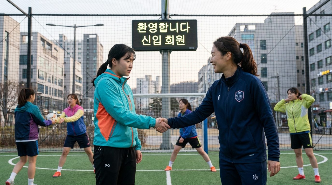 풋살 동호회 리더가 신입 여성 회원을 따뜻하게 맞이하는 모습