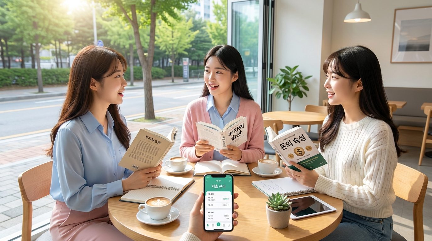 카페에서 재테크 책에 대해 이야기하며 독서모임을 하는 젊은 한국 여성들