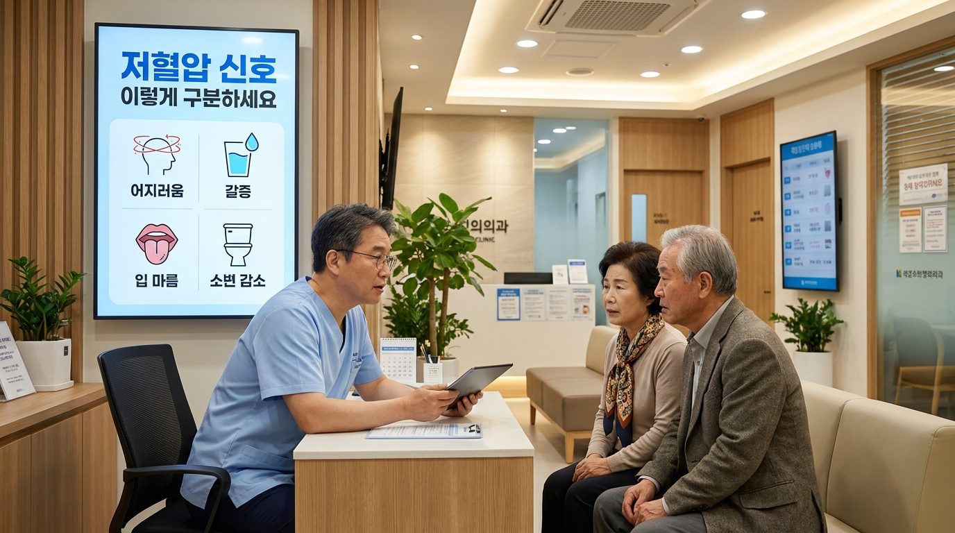 한국 병원에서 의사가 저혈압 증상을 노년 부부에게 설명하는 장면, 벽에 한국어 안내 포스터가 보임