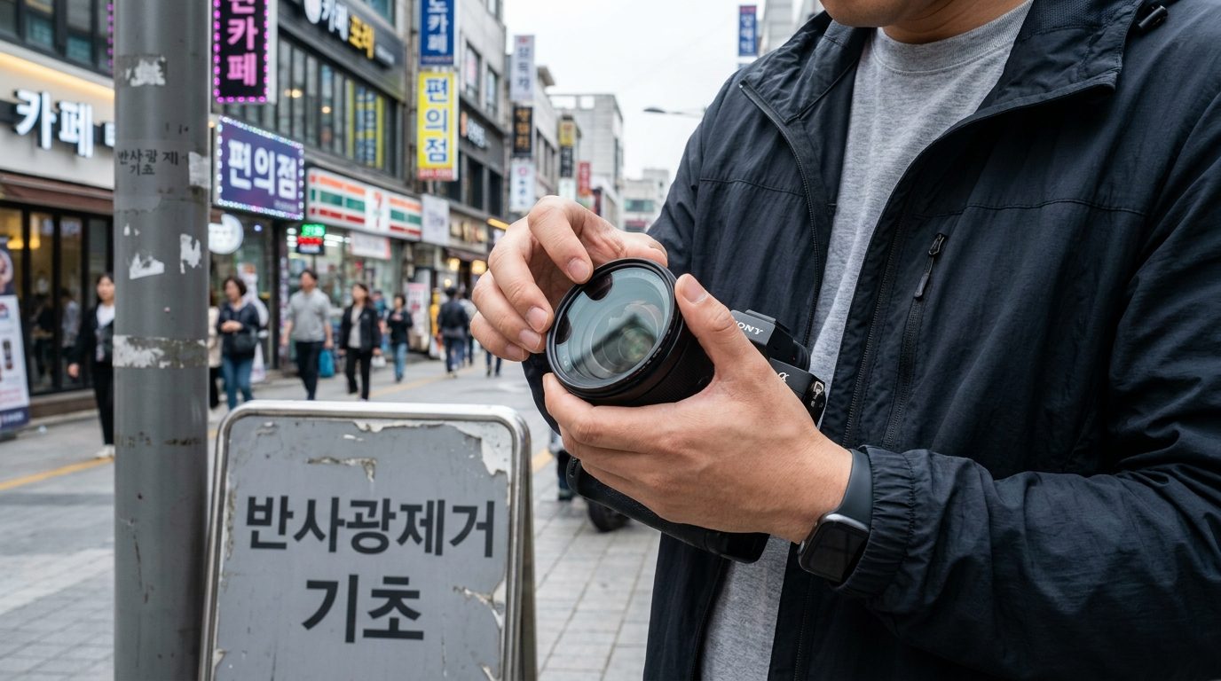 안경 반사 제거: 현대적인 2026년 한국 도시 환경에서 카메라 렌즈를 조정하는 사진작가의 근접 실사 사진