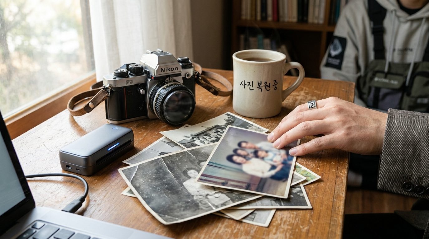필름 사진 스크래치 제거: 오래된 필름 카메라와 흠집과 먼지가 가득한 빈티지 사진 더미를 보여주는 고해상도 실사 이미지