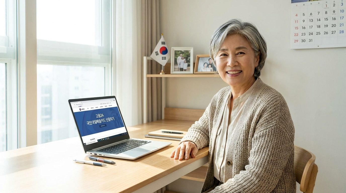 국민내일배움카드 신청 화면을 보며 밝고 자신감 있는 한국 60대 노년 남성이 현대적인 집무실에서 노트북을 사용하고 있는 모습