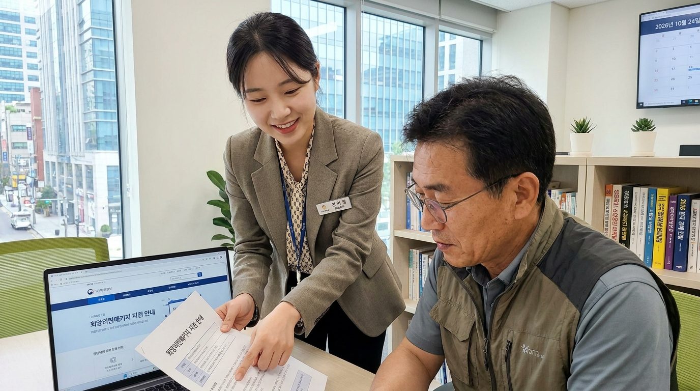 희망리턴패키지 지원 상담을 받는 대한민국 소상공인과 전문 컨설턴트의 모습