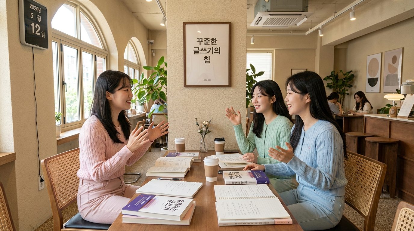 밝은 카페에서 독서 모임을 하며 활발히 토론하는 여성들의 모습, 벽에 꾸준한 글쓰기의 힘 포스터가 걸려 있음