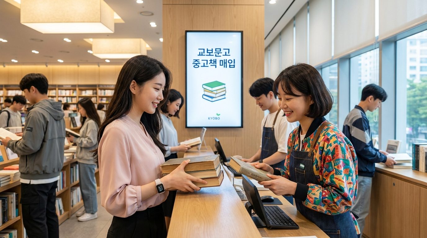 한국 여성이 교보문고 매장에서 중고책을 판매하며 직원과 상담하는 모습