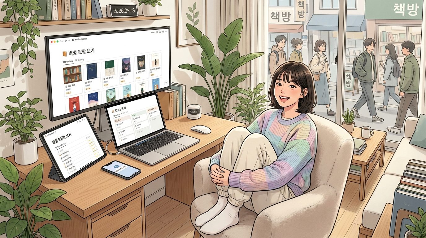 젊은 한국 여성 독서자가 노션의 갤러리, 보드, 필터 뷰를 활용해 자신의 독서 기록을 관리하는 모습