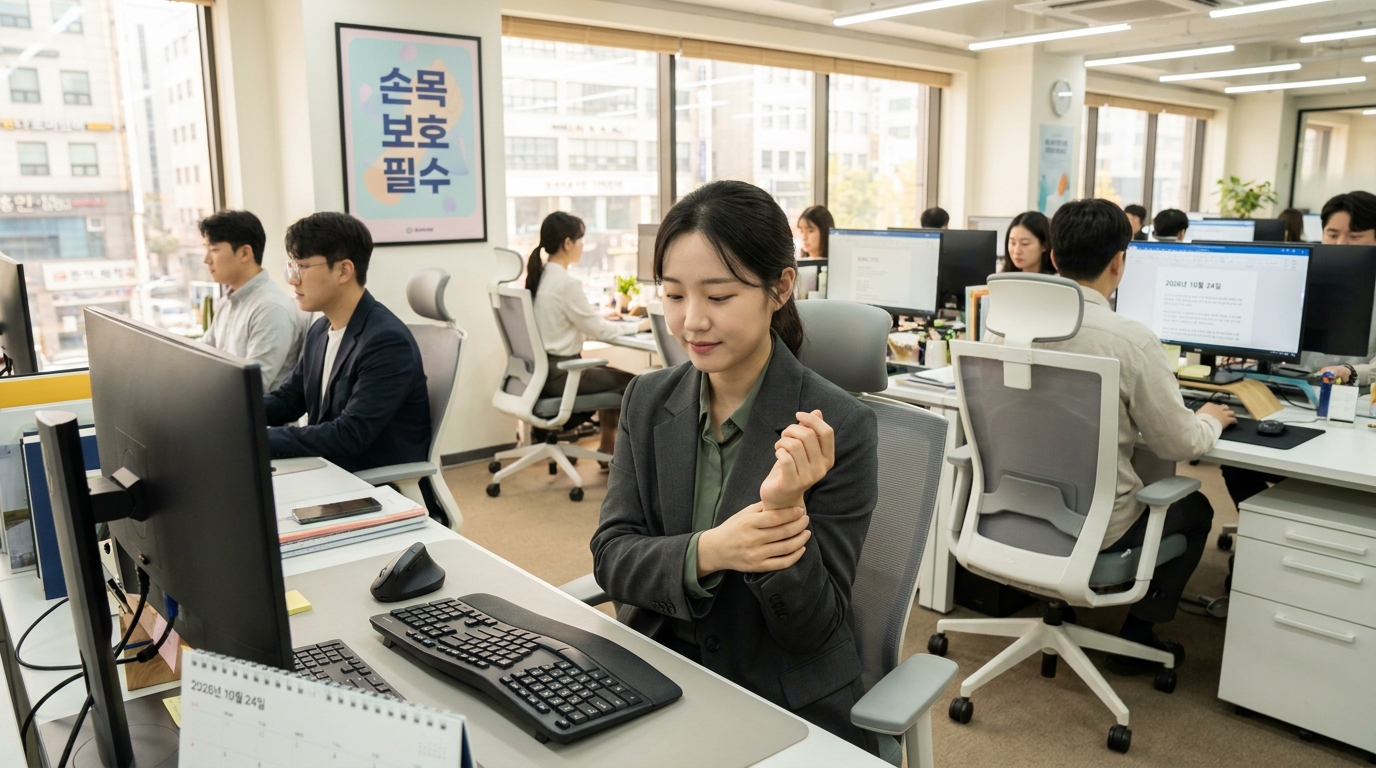 사무실에서 손목을 스트레칭하며 휴식하는 직장인의 모습 고화질 실사 이미지