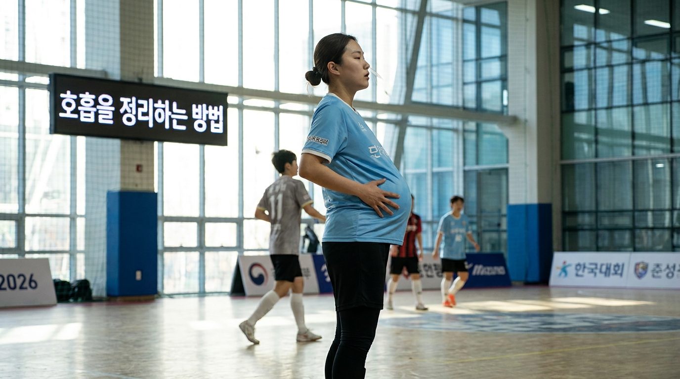 풋살 호흡법: 경기 중 의식적으로 호흡을 조절하며 숨 고르는 한국 여성 풋살 선수