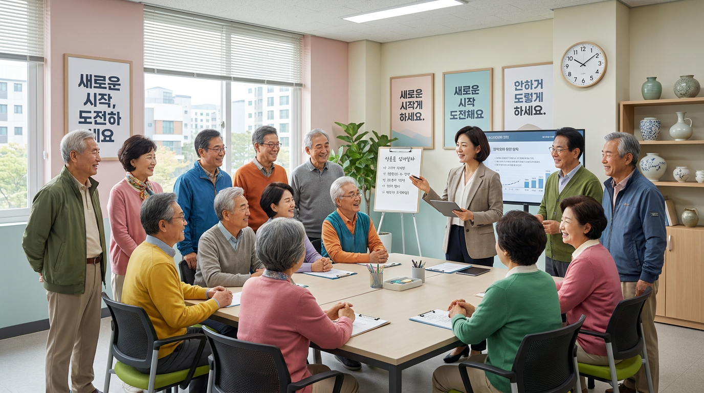 60대 내일배움카드: 한국 지역 커뮤니티 센터에서 경력 상담가와 밝게 소통하는 60대 한국 노년 남녀 그룹
