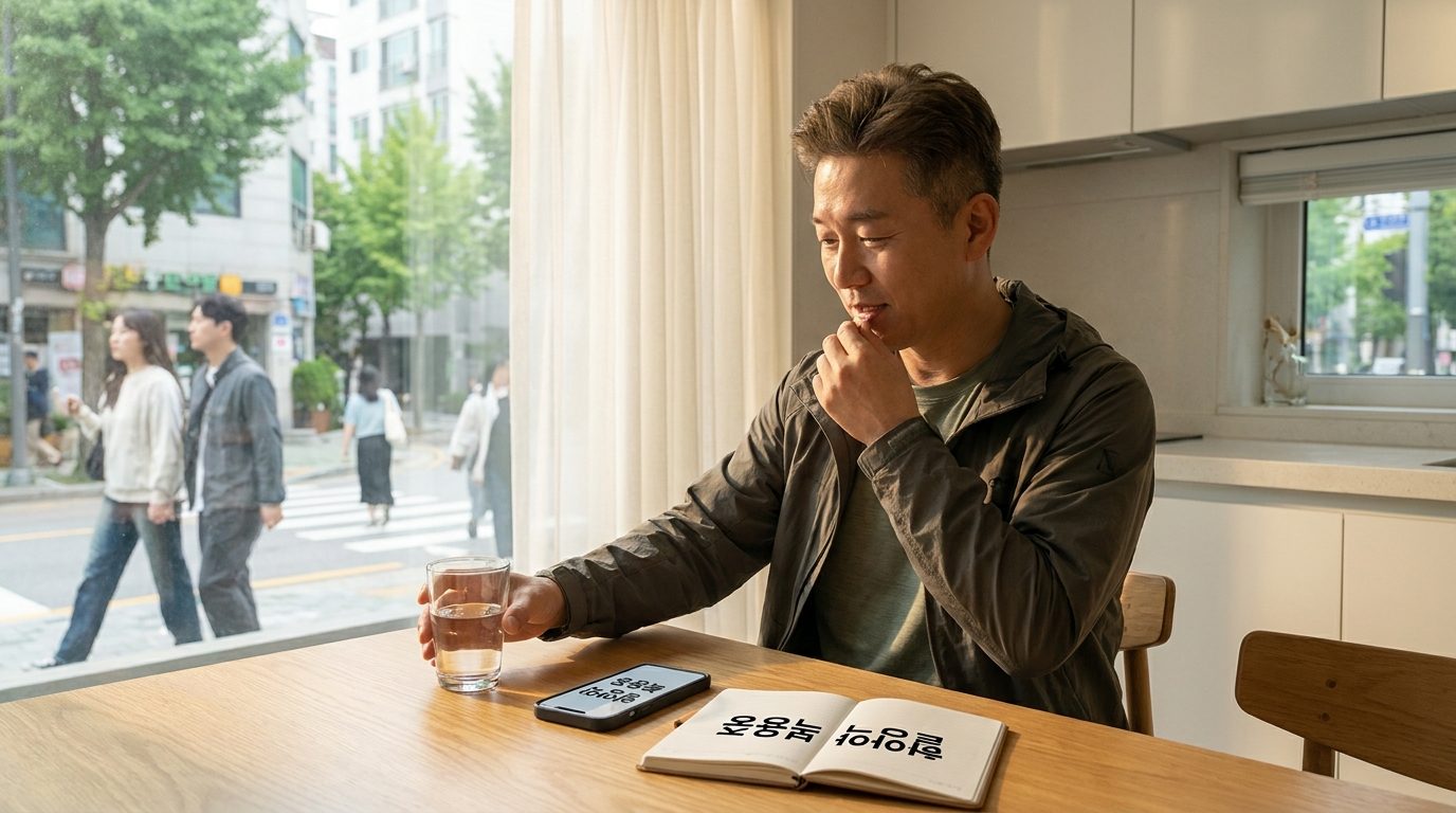 혈압약 복용 주의사항, 한 중년 한국 남성이 현대적인 한국 가정의 부엌 식탁에 앉아 혈압약을 복용하며 옆에 물잔이 놓여 있는 모습