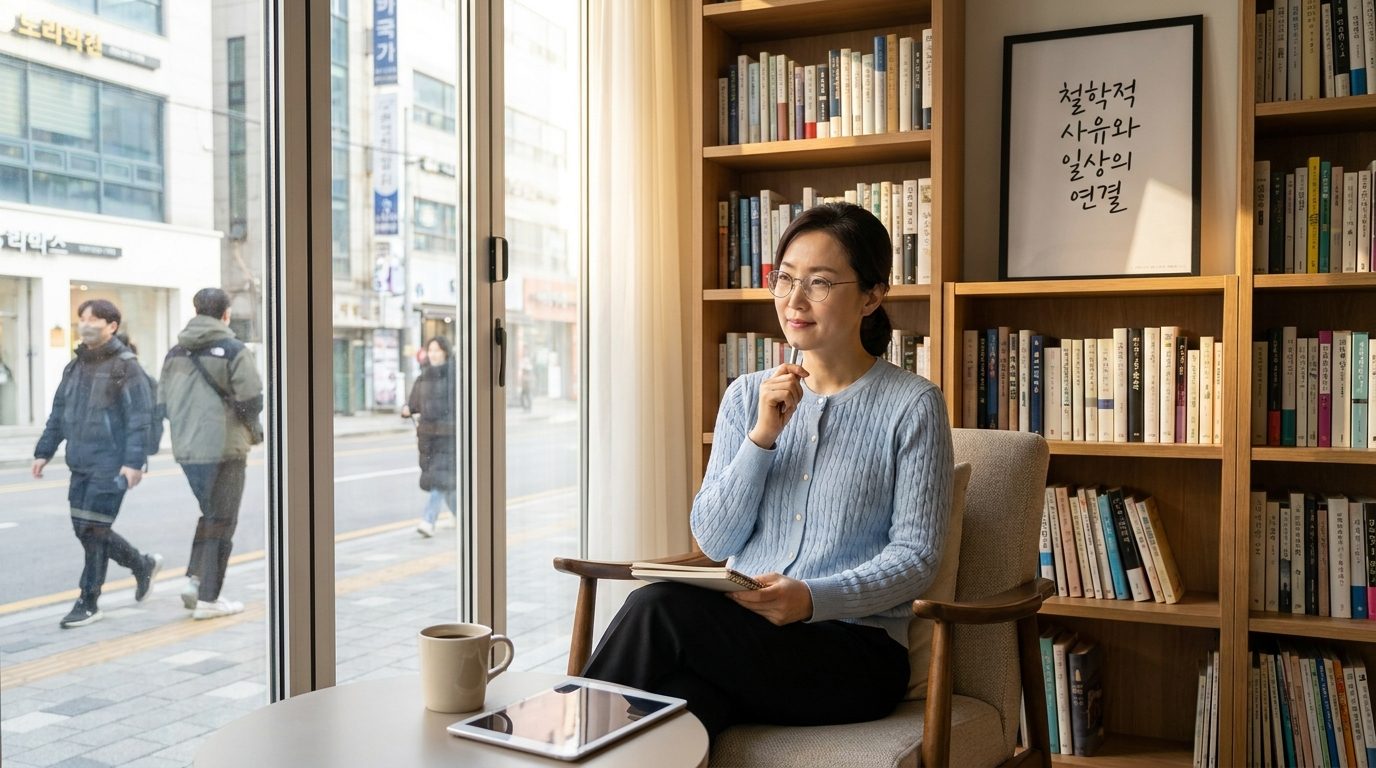 알랭드보통 불안: 책과 노트가 있는 아늑한 스튜디오에서 생각에 잠긴 중년 여성 작가의 모습