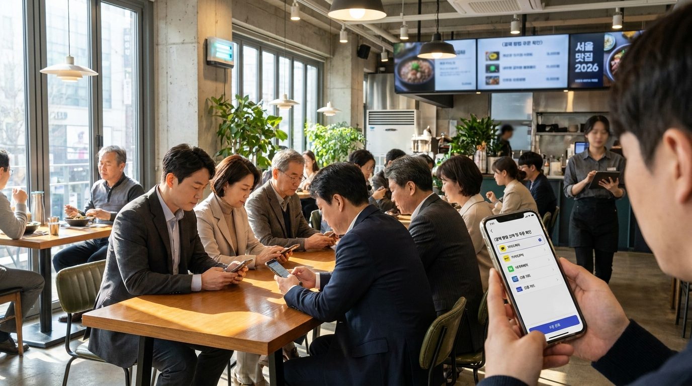 2026년 한국의 현대식 식당에서 스마트폰으로 주문 내역을 확인하고 결제 수단을 선택하는 모습