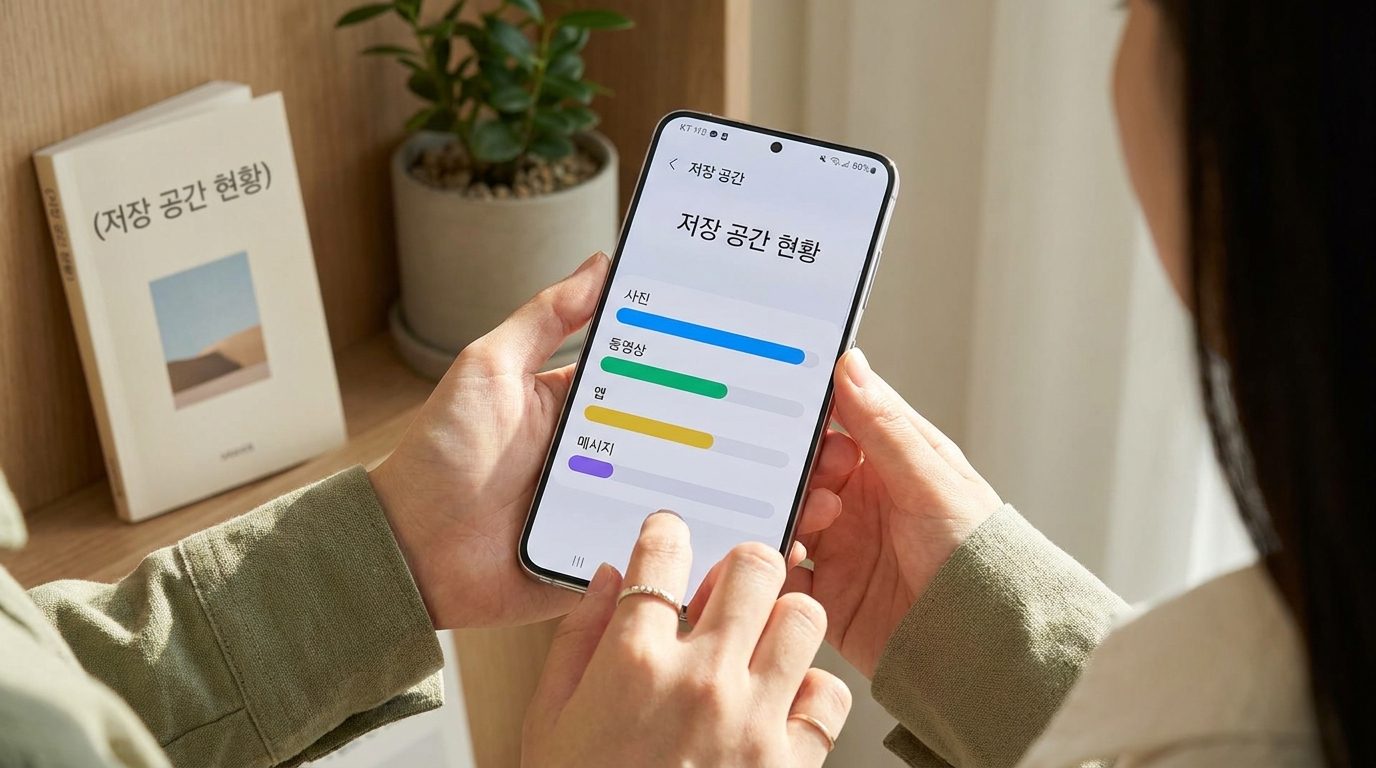 갤럭시 또는 아이폰 스마트폰 저장공간 관리 화면을 가까이에서 보는 모습, 여성 사용자가 화면을 들여다보고 있음