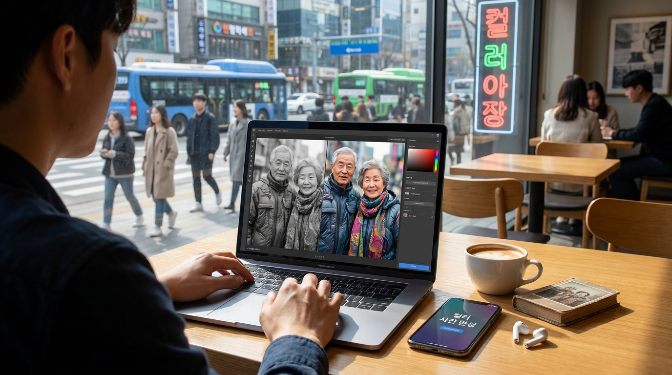 흑백 사진이 AI 기술로 컬러화되는 모습을 보여주는 장면, 2026년 한국의 일상적 환경을 배경으로 한 따뜻한 자연광과 노트북 화면, 커피잔, 스마트폰 등이 함께 있는 모습