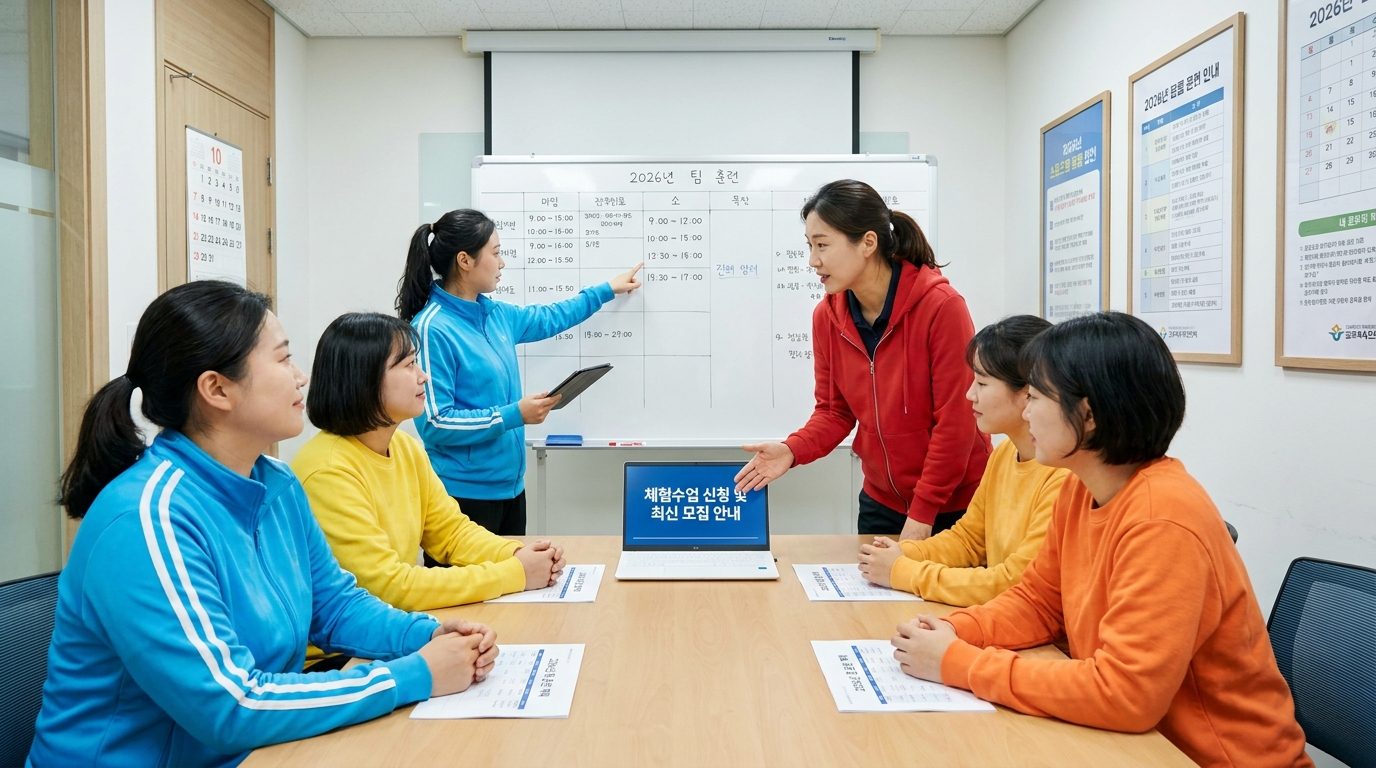 여성 풋살팀의 체험수업과 모집안내를 논의하는 실내 회의 장면