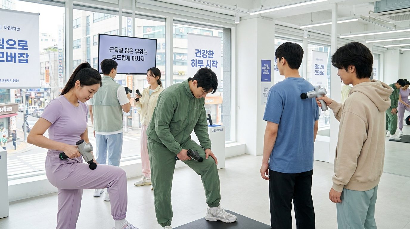 피부 두꺼운 부위에 마사지건을 사용하는 2026년 한국의 피트니스 스튜디오에서 젊은 한국인들