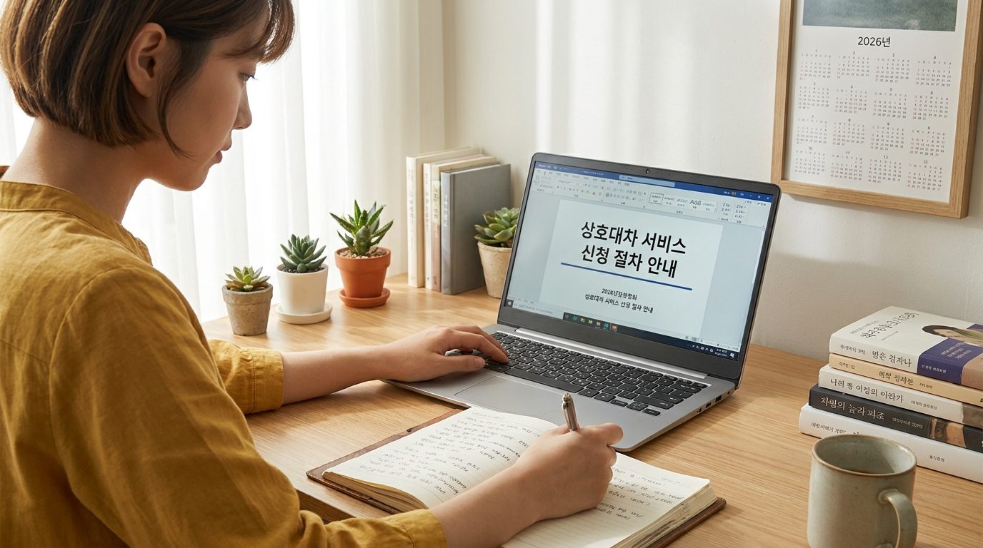집에서 노트북을 보며 상호대차 서비스 신청 절차를 확인하는 젊은 여성의 집중된 모습