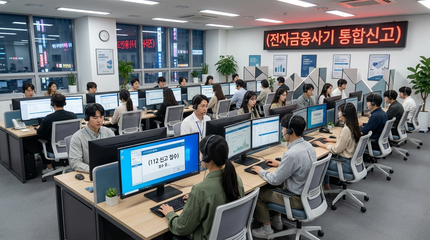 보이스피싱 신고를 처리하는 한국 24시간 콜센터 직원들의 모습, 한글 텍스트가 모니터와 전광판에 있음