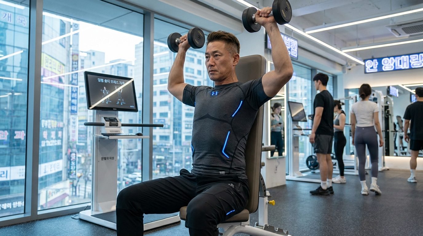 덤벨 숄더 프레스 동작을 하는 중년 한국 남성의 올바른 자세와 코어 사용을 보여주는 실사 이미지