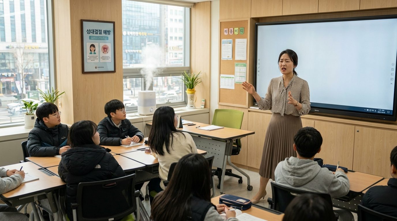 현대적인 교실에서 약간 목소리를 높여 말하는 한국 여성 교사, 가습기가 작동 중인 모습