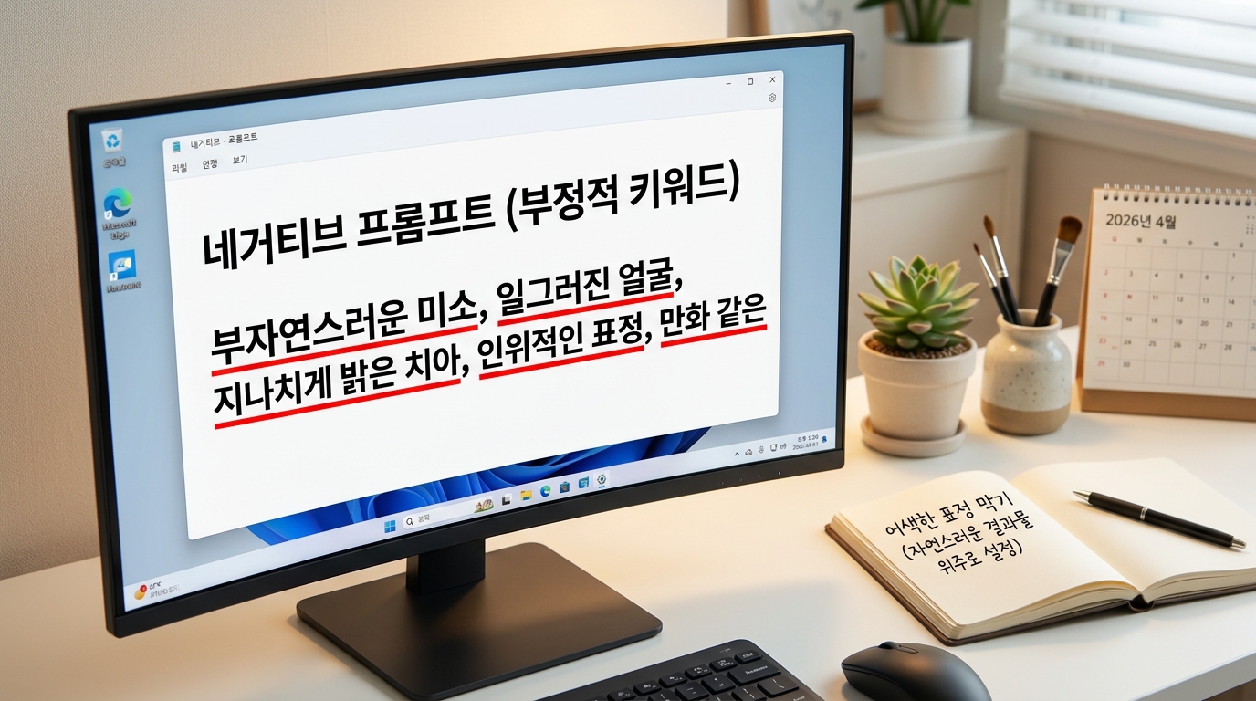 한국 프로 사진작가의 컴퓨터 화면에 AI 리터칭 네거티브 프롬프트가 자세히 보이는 클로즈업 사진