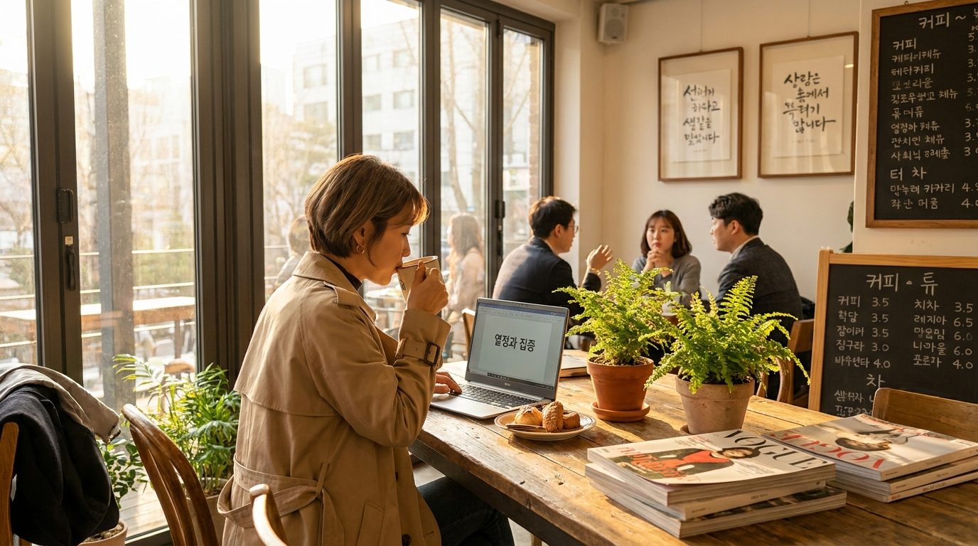 한국 도시 카페에서 노트북과 음료를 즐기는 한국인과 한글 메뉴판 및 문구(열정과 집중)