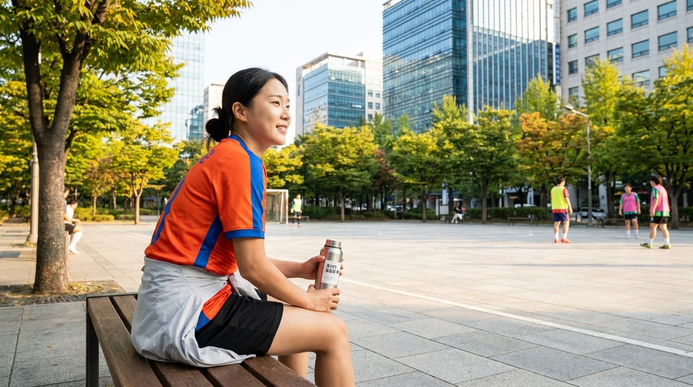 도심 풋살장 옆 벤치에 앉아 휴식을 취하는 여성 선수의 모습