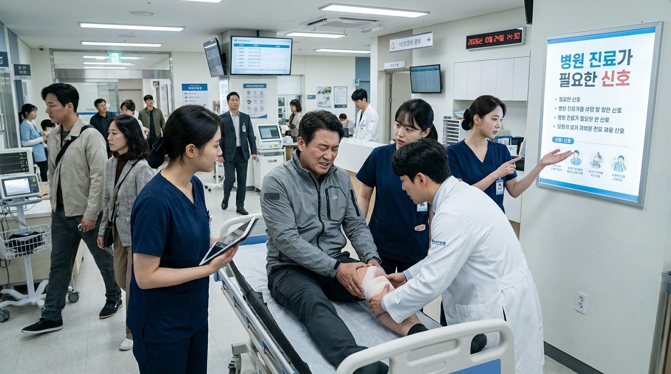 한국 병원 응급실에서 무릎 통증으로 고통받는 중년 남성 환자와 의료진 장면