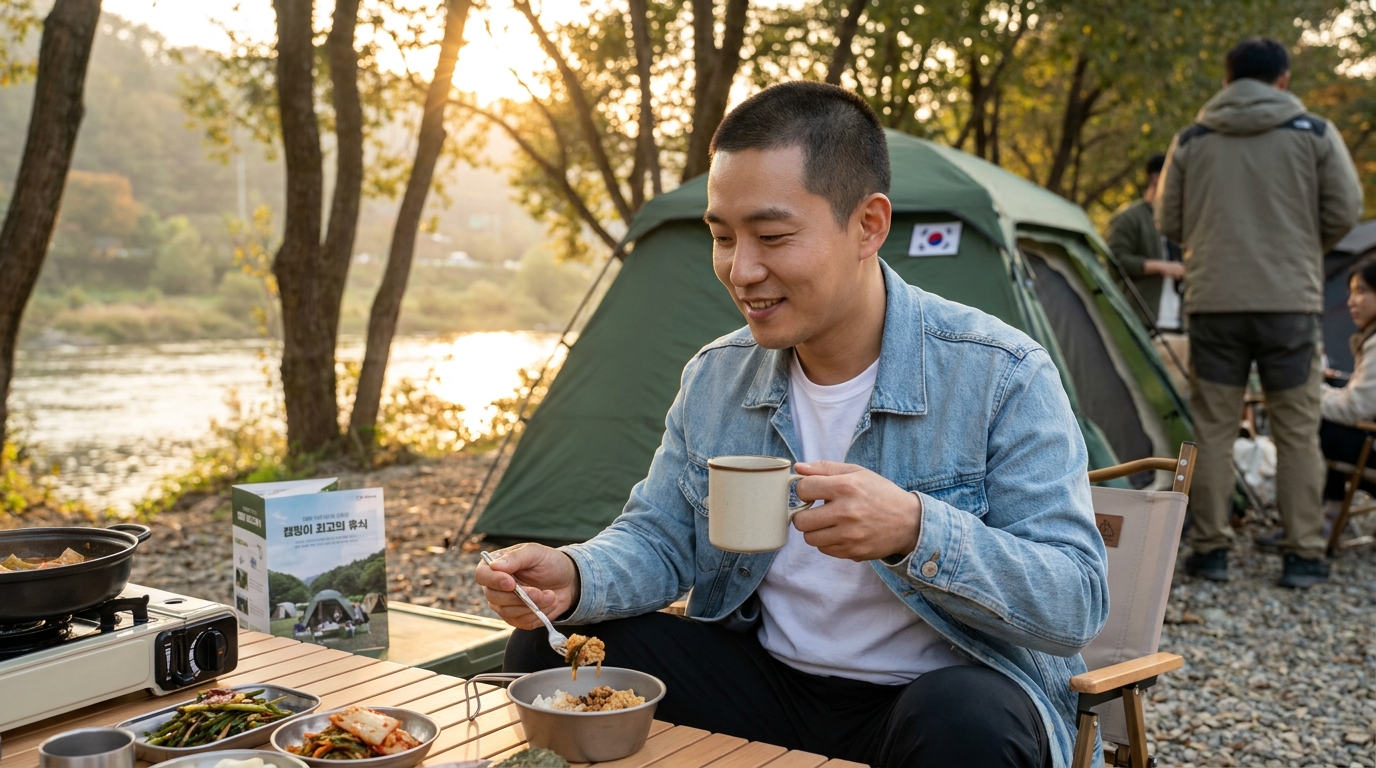 강가 옆 캠핑장에서 커피잔을 든 반삭발 머리 남자가 여유롭게 식사하는 모습의 고화질 실사 이미지