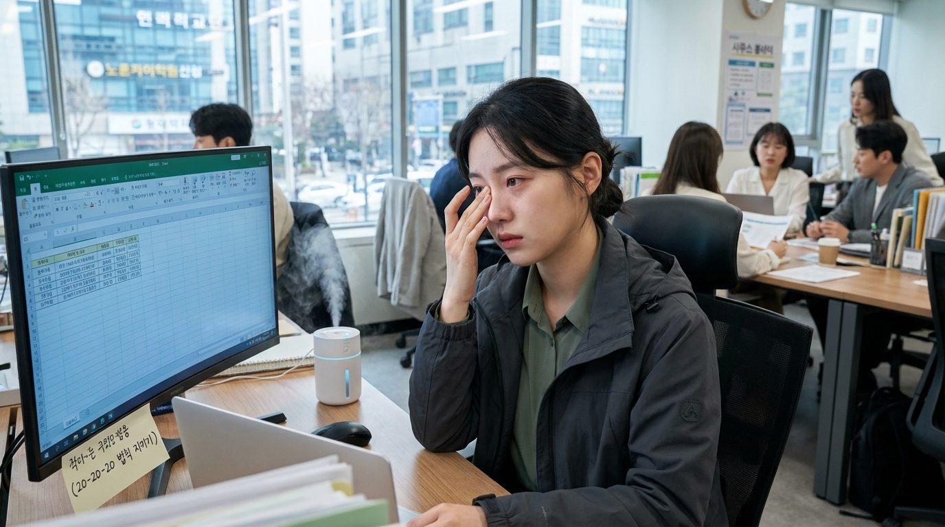 눈 피로 원인, 현대 사무실에서 20-20-20 법칙을 실천하며 눈을 마사지하는 젊은 한국 여성의 클로즈업 모습