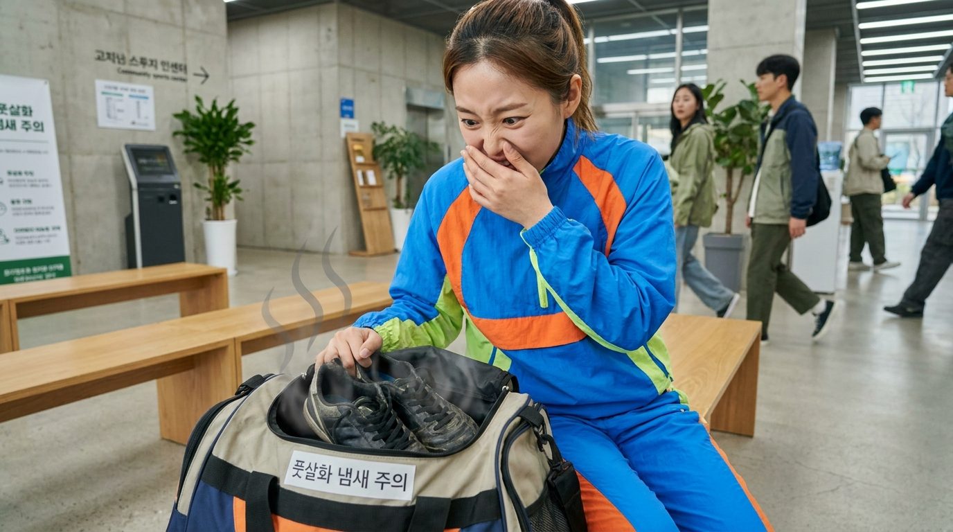 풋살 경기를 마친 한국 여성 선수 가방에서 신발 냄새에 놀라는 모습