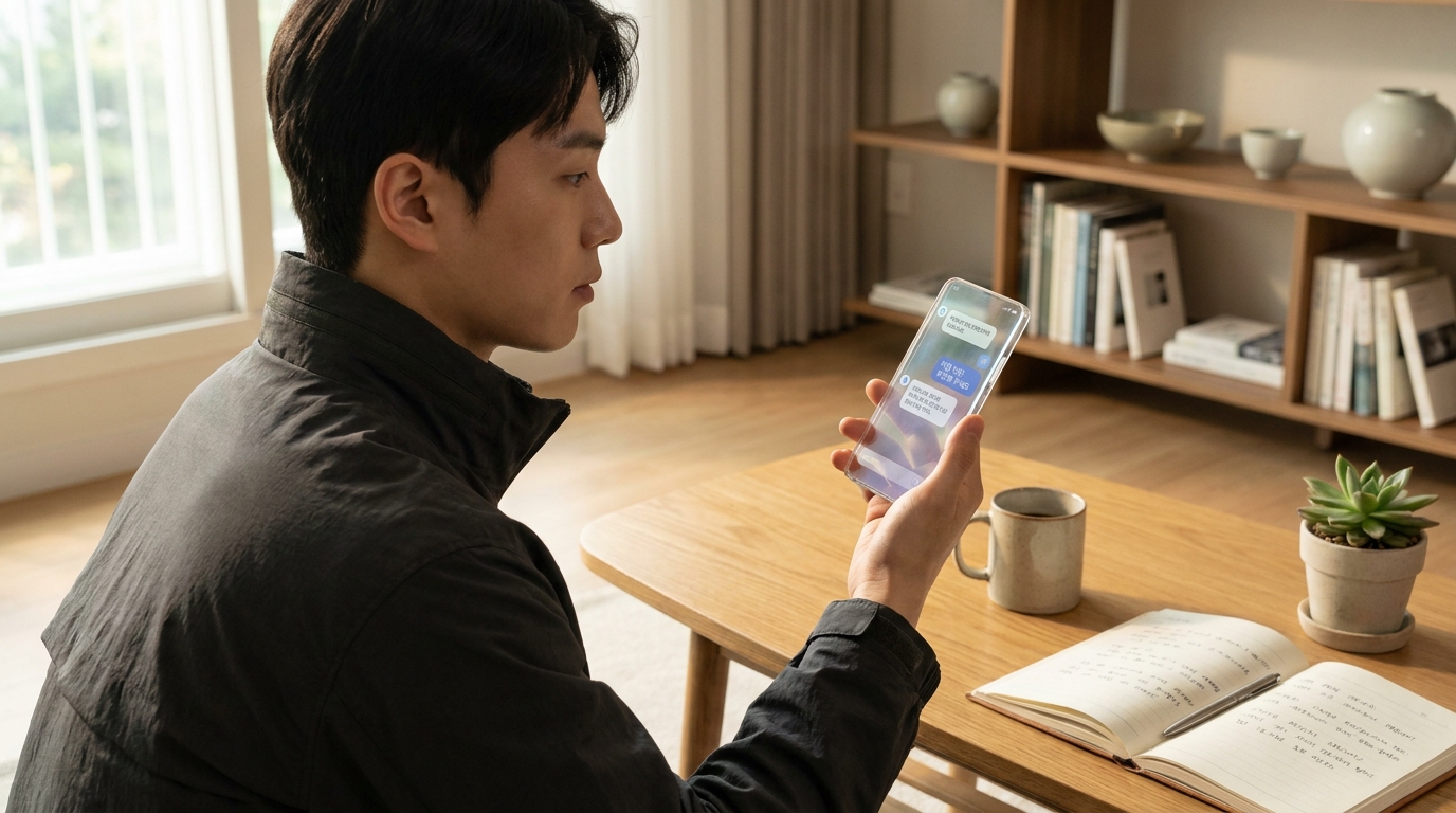 2026년 한국의 거실에서 스마트폰으로 AI 챗봇에 저염 반찬 추천을 요청하는 모습.
