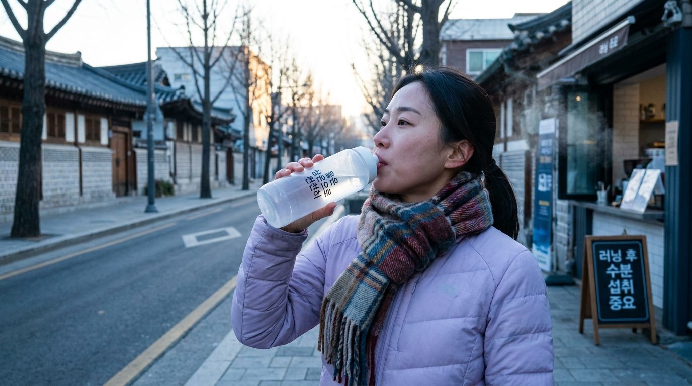 아침 러닝 후 상온 물을 마시는 한국 여성 러너의 모습, 물통에 (물은 상온으로 천천히) 문구가 보임