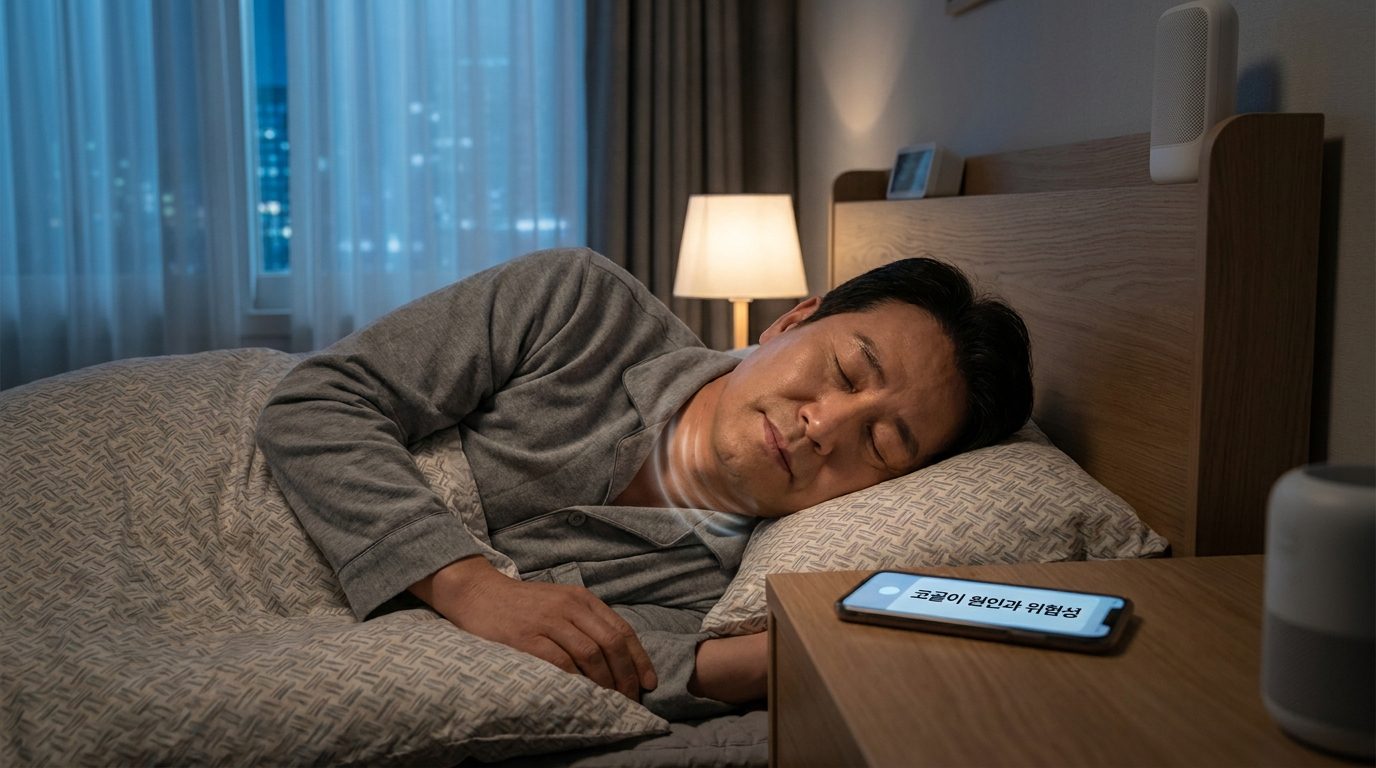 코골이 수면무호흡증, 아침에 배우자가 코골이 때문에 걱정하는 중년 한국 남성이 한쪽으로 누워 평화롭게 자는 모습